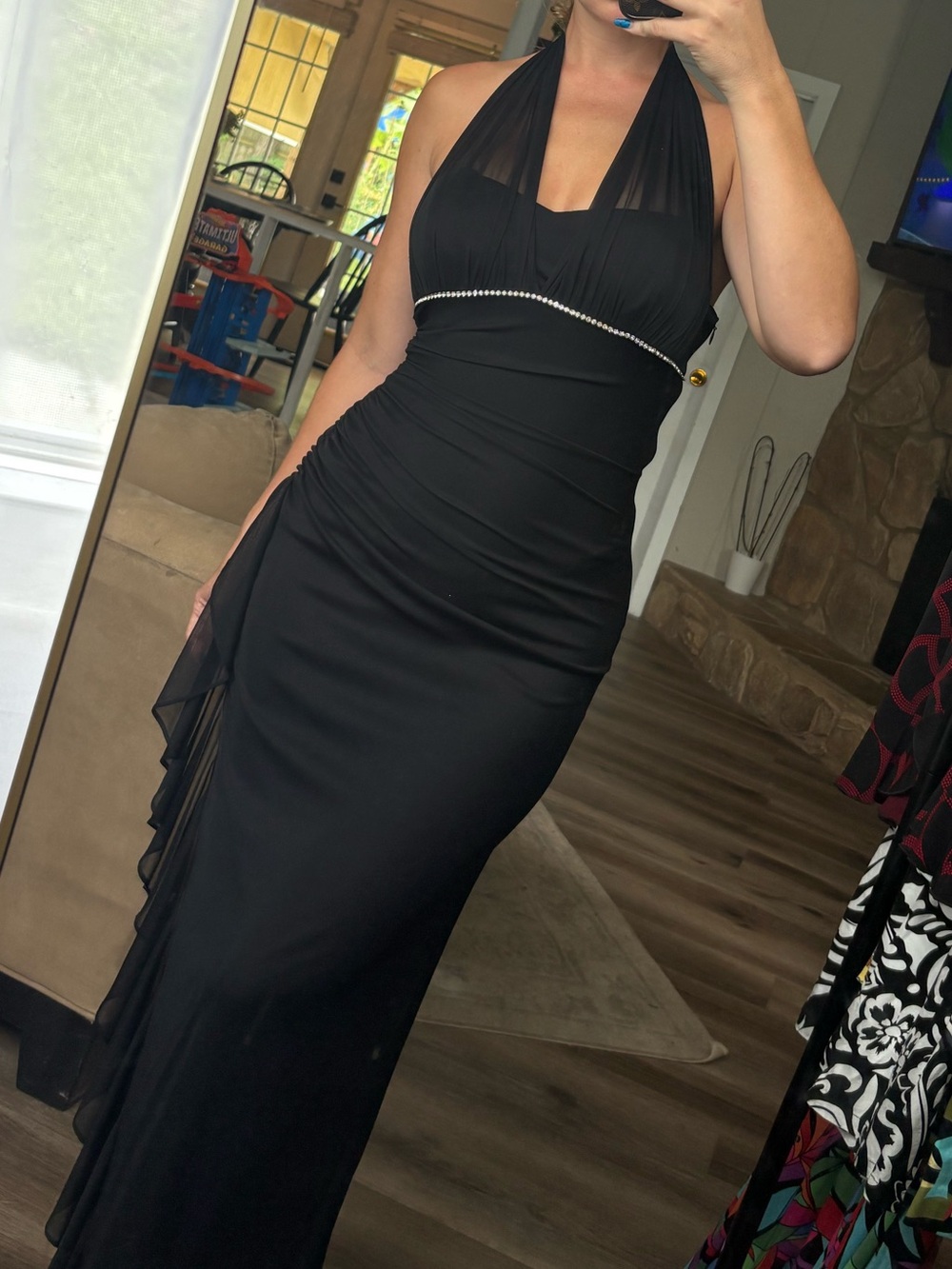 Blondie Nites Black Halter Y2K Maxi Gown with Rhinestone Trim